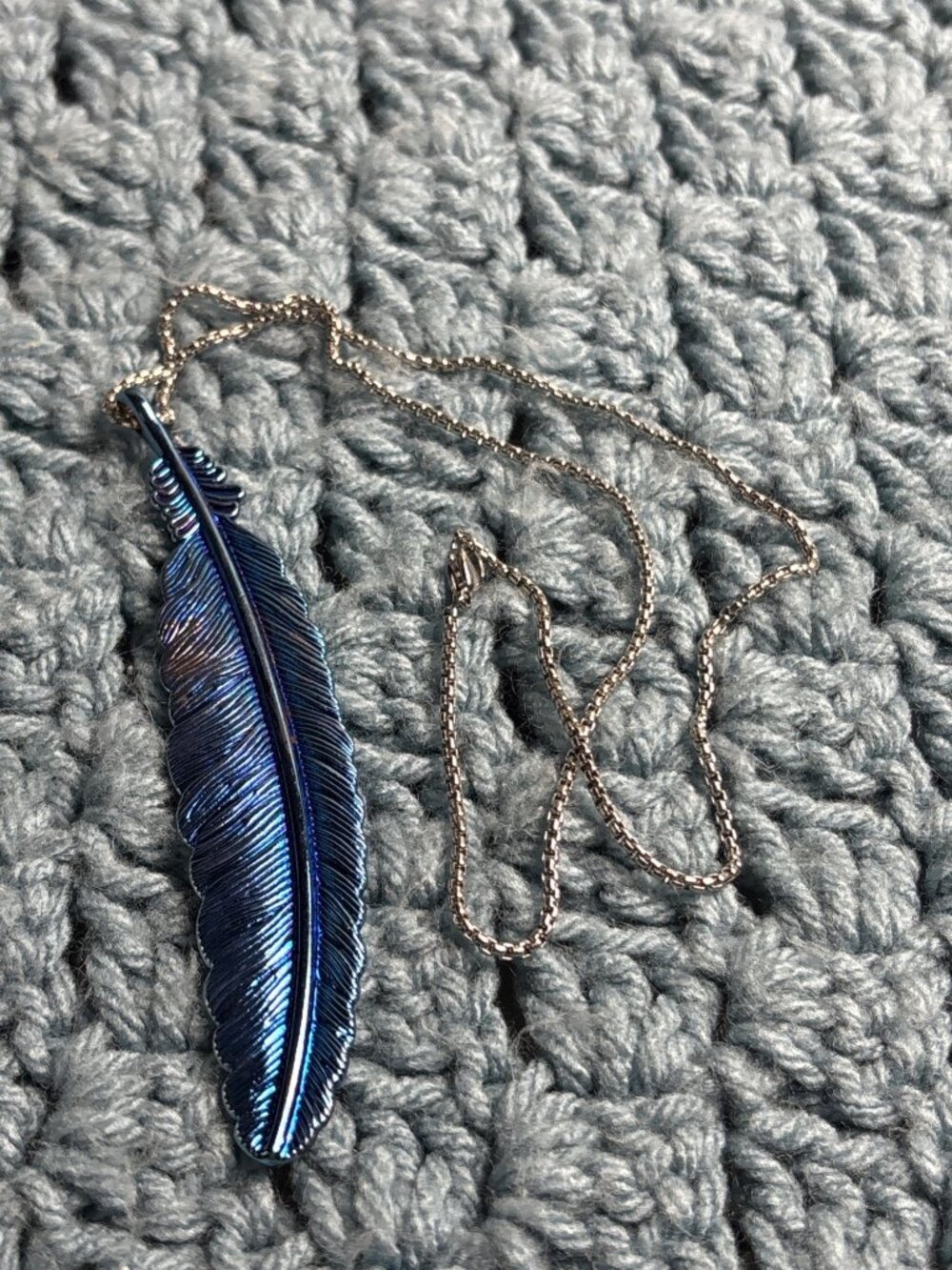 Blue Metal Feather Pendant Necklace Silvertone Box Chain 19 inches Long
